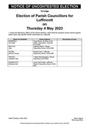 Notice of Uncontested Election in the parishes of Tetcott and Luffincott
