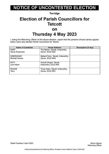  - Notice of Uncontested Election in the parishes of Tetcott and Luffincott